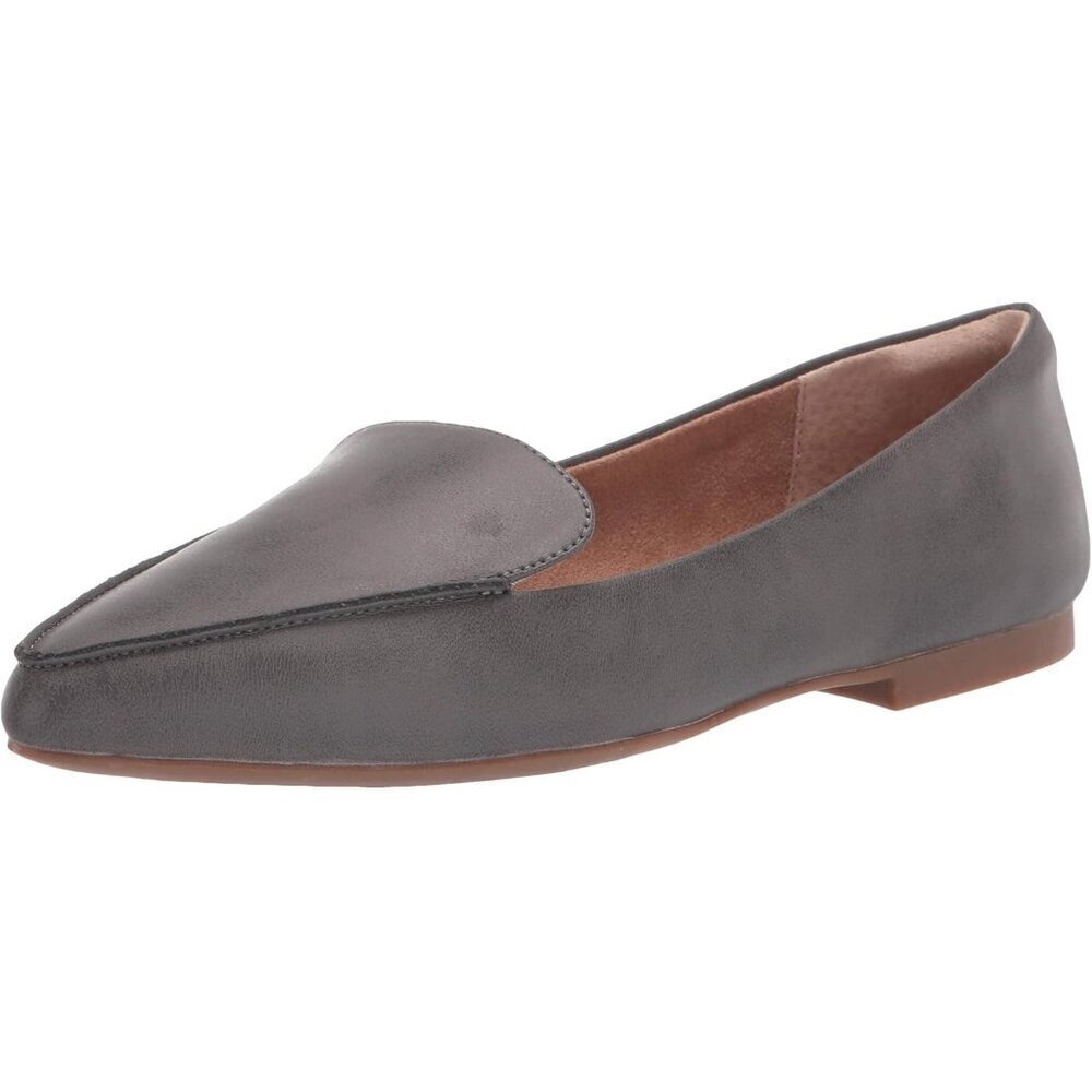 Womens Charcoal Faux Leather Closed Pointed Toe Low Wedge Heels Loafer Flat
